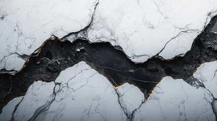 Poster - A black and white photo of a large crack in a white marble wall. The crack is deep and wide, and the marble is chipped and broken. The photo gives off a sense of decay and destruction