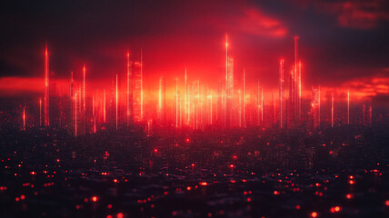 Fototapete - A cityscape with tall buildings and a red sky. The buildings are lit up with red lights, creating a sense of warmth and energy. The city appears to be bustling with activity