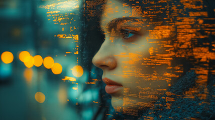 Poster - A woman's face is shown in a distorted, pixelated way. The image has a futuristic, almost dystopian feel to it