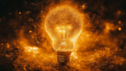 Poster - A glowing light bulb is surrounded by a cloud of dust. The light bulb is the main focus of the image, and the dust around it creates a sense of mystery and intrigue
