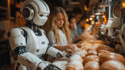 Poster - A robot is working in a bakery with a group of children. The robot is white and has a friendly face. The children are looking at the robot and seem to be interested in what it is doing