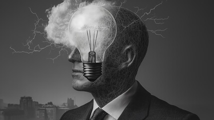 Poster - A man's face is shown with a light bulb in his head. Concept of intelligence and creativity, as the light bulb represents an idea or thought