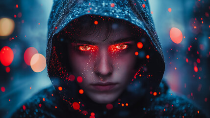 Poster - A person with red eyes and a hooded sweatshirt. The hood is pulled up over their face, creating a sense of mystery and intrigue. The red eyes and the hooded sweatshirt give the image a dark