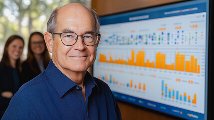 Poster - a man wearing glasses stands in front of a large monitor displaying a graph