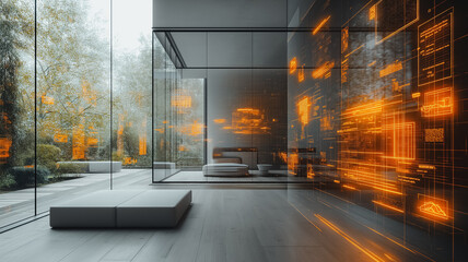 Poster - A room with a lot of orange lights and a lot of glass windows. The room is very modern and futuristic