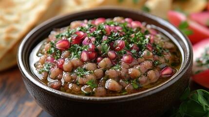 Wall Mural - Close-up of a bowl of muhammara, a delicious Middle Eastern dip made with red peppers, walnuts, pomegranate seeds, and herbs, served with pita bread.