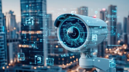 Aufkleber - Smart City Surveillance: A futuristic security camera with a digital overlay monitors a cityscape at night.  The image symbolizes advanced technology and urban safety. 
