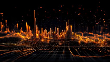 Aufkleber - Digital Cityscape: Glowing Buildings Rise from Data Waves at Night