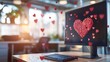© O - Heart particles surrounding computer monitor in bright office. The 14th of February. Happy Valentine's Day