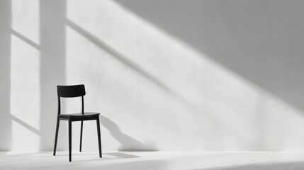 Poster - Minimalist Black Chair Against Sunlit White Wall with Long Shadows and Clean Lines