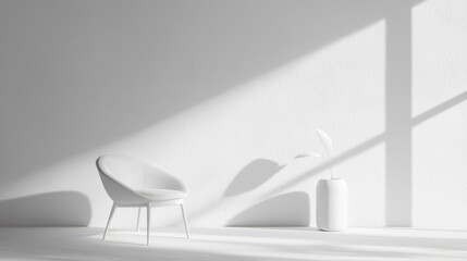 Poster - Serene Minimalist Interior With Modern Chair and White Vase Bathed in Sunlight and Shadow Patterns