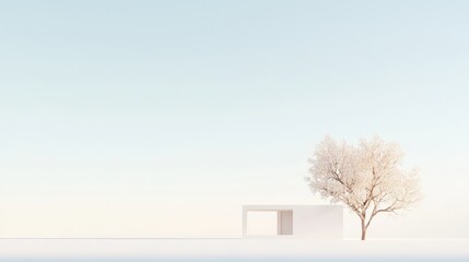 Poster - Minimalist architecture featuring a modern white structure beside a solitary tree in a serene landscape with soft colors