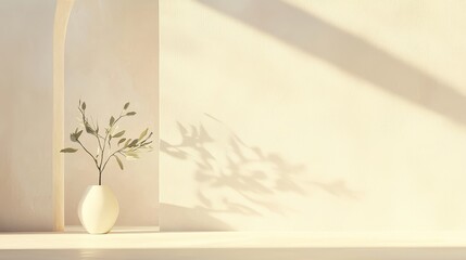 Poster - Minimalist interior design featuring a single vase with a plant casting shadows on a textured wall in soft natural light