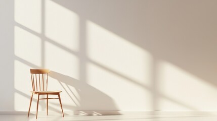Poster - Minimalistic wooden chair in empty room with soft natural light and shadows creating tranquil atmosphere