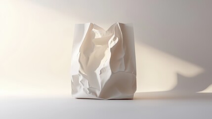 Poster - Crumpled White Paper Bag on Soft Light Background Showcasing Texture and Shadow Play for Minimalist Design