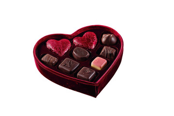 Heart-shaped red velvet chocolate box with assorted candies, isolated on transparent  background. Romantic Valentine's Day gift concept