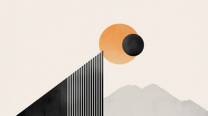 Poster - Abstract geometric landscape with bold sun, dark shapes and minimalist mountain in warm and cool color palette