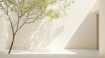 Poster - Serene Minimalist Space with Sunlit Tree and Soft Shadow Play on Neutral Background