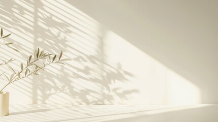 Poster - Minimalist Indoor Scene with Olive Branch and Soft Light Creating Beautiful Shadow Patterns on Neutral Wall