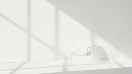 Poster - Minimalist interior scene featuring a white chair with shadow play on a blank wall