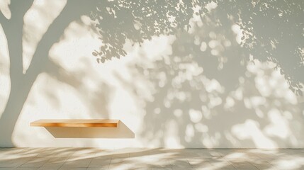 Poster - Soft Shadows of Tree Leaves on Minimalist Wall and Modern Wooden Shelf in Sunlight