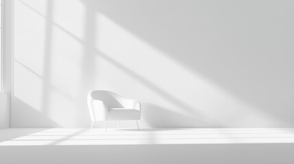 Poster - Minimalist white interior design featuring a single modern chair in bright sunlight casting shadows on a clean surface