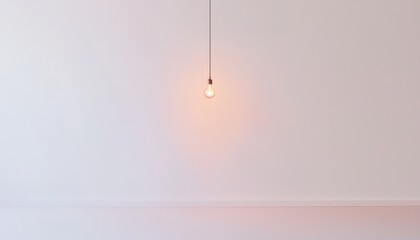 Poster - Minimalist Interior with a Single Hanging Light Bulb Illuminating Empty Room with White Walls and Floor