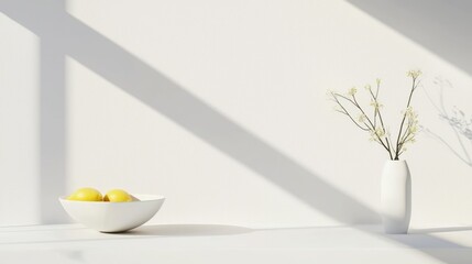 Poster - Minimalist Still Life Arrangement with Yellow Lemons in Bowl and Delicate Flowers in Vase on Bright White Background