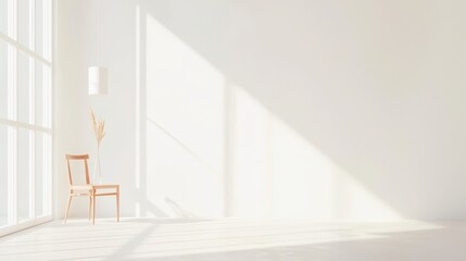 Poster - Minimalistic interior with wooden chair, bright sunlight and shadows creating peaceful and serene atmosphere in modern space