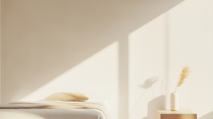 Poster - Modern minimalist bedroom design with soft colors and natural light creating a serene atmosphere for relaxation