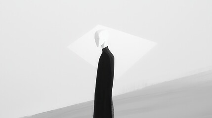 Poster - Minimalist figure in monochrome landscape with geometric shapes and soft shadows showcasing solitude and introspection