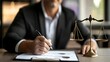 © PixelPlace - lawyer signing, legal document, scales of justice. A professional holding a pen, preparing legal documents, with a scale symbolizing justice in the foreground.