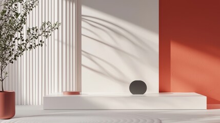 Poster - Minimalistic Interior Design Featuring Geometric Shapes and Natural Elements in Warm Tones and Soft Shadows