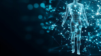 Poster - Digital representation of a human body with glowing particles against a dark background