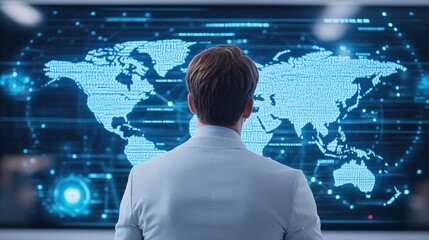Poster - Global Network Visionary: A businessman stands before a massive screen displaying a world map composed of digital data, symbolizing global reach and technological innovation.