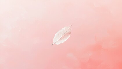 Poster - Delicate White Leaf on Soft Coral Background with Subtle Texture and Ethereal Aesthetic for Nature-Inspired Projects