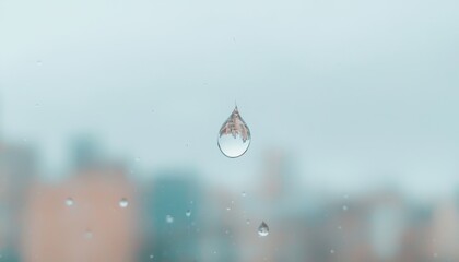 Poster - Close-Up of Water Droplet on Glass with Blurred Urban Background and Soft Focus Aesthetic for Nature and Urban Photography