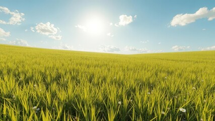 Wall Mural - Sun-drenched meadow, vibrant green grass, idyllic landscape, pastoral, serenity