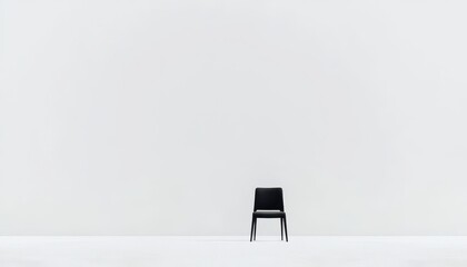 Poster - Minimalist black chair against a vast white wall in empty modern space creating a sense of isolation and simplicity