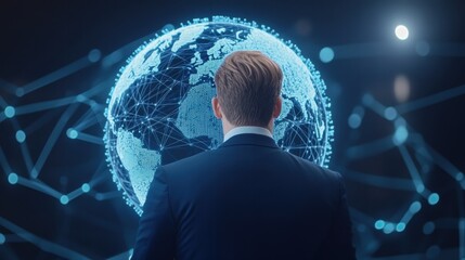 Poster - Global Visionary: A businessman stands before a futuristic digital globe, contemplating global connectivity and the boundless opportunities of the digital age.
