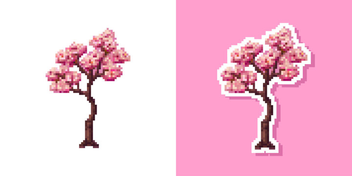 Pixel art sakura tree with flowers icon set. Vector 8 bit style illustration of pixel sakura blossom. Isolated spring cute decorative element of retro video game computer graphic. Sticker isolated 