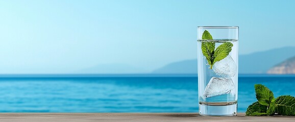 Wall Mural - Refreshing iced water with mint leaves by the sea.