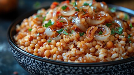 Wall Mural - Close-up of a bowl of lentil and rice dish, topped with caramelized onions and parsley.