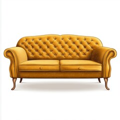 Wall Mural - 
Vector illustration of an old sofa in golden fabric, with wooden legs and buttons for the seat cushion. Isolated on a white background.