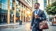 © engincan - Horizontal shot of young dark-skinned businessman spending time from work walking in city center in afternoon time, drinking coffee and carrying business bag while moving from one meeting to another