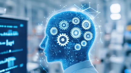 Poster - Artificial Intelligence Mind:  A futuristic concept of a human head with gears and circuit board, symbolizing artificial intelligence and technological advancement.