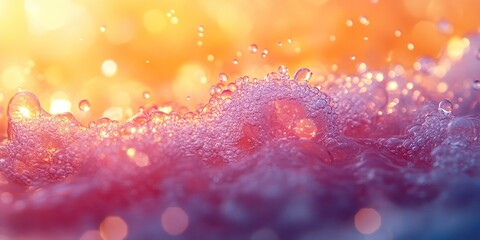 Poster - Colorful water bubbles reflecting sunlight during sunrise or sunset over a serene body of water