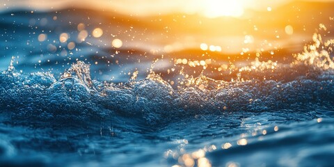 Poster - Waves splashing at sunset create a beautiful glow and shimmering reflections on the water surface