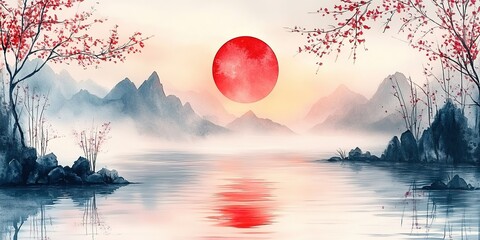 Poster - Serene sunset over tranquil lake surrounded by mountains and cherry blossoms