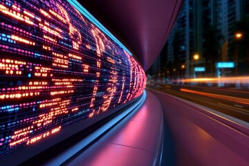Aufkleber - A 3D futuristic scene of glowing algorithmic data flying through a developer workspace like streams of light